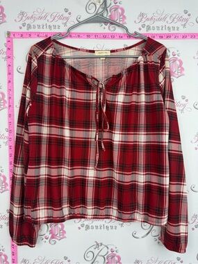 paper tee long sleeve plaid shirt Red Plaid Long Sleeve Tie-Neck Top